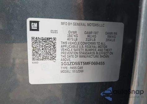 2021 Chevrolet Malibu Lt из США, поврежденный, VIN 1G1ZD5ST5MF069455